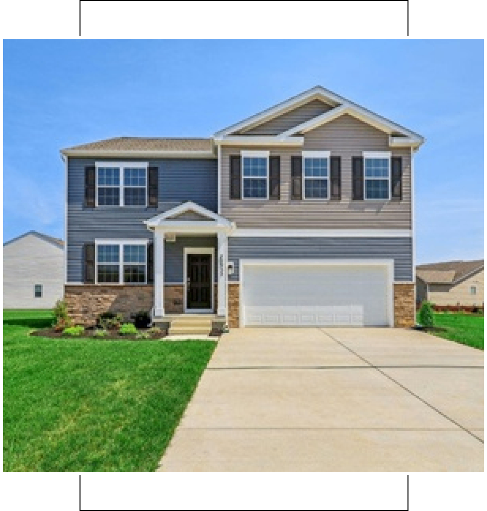 A modern two-story house with a well-kept lawn and driveway.