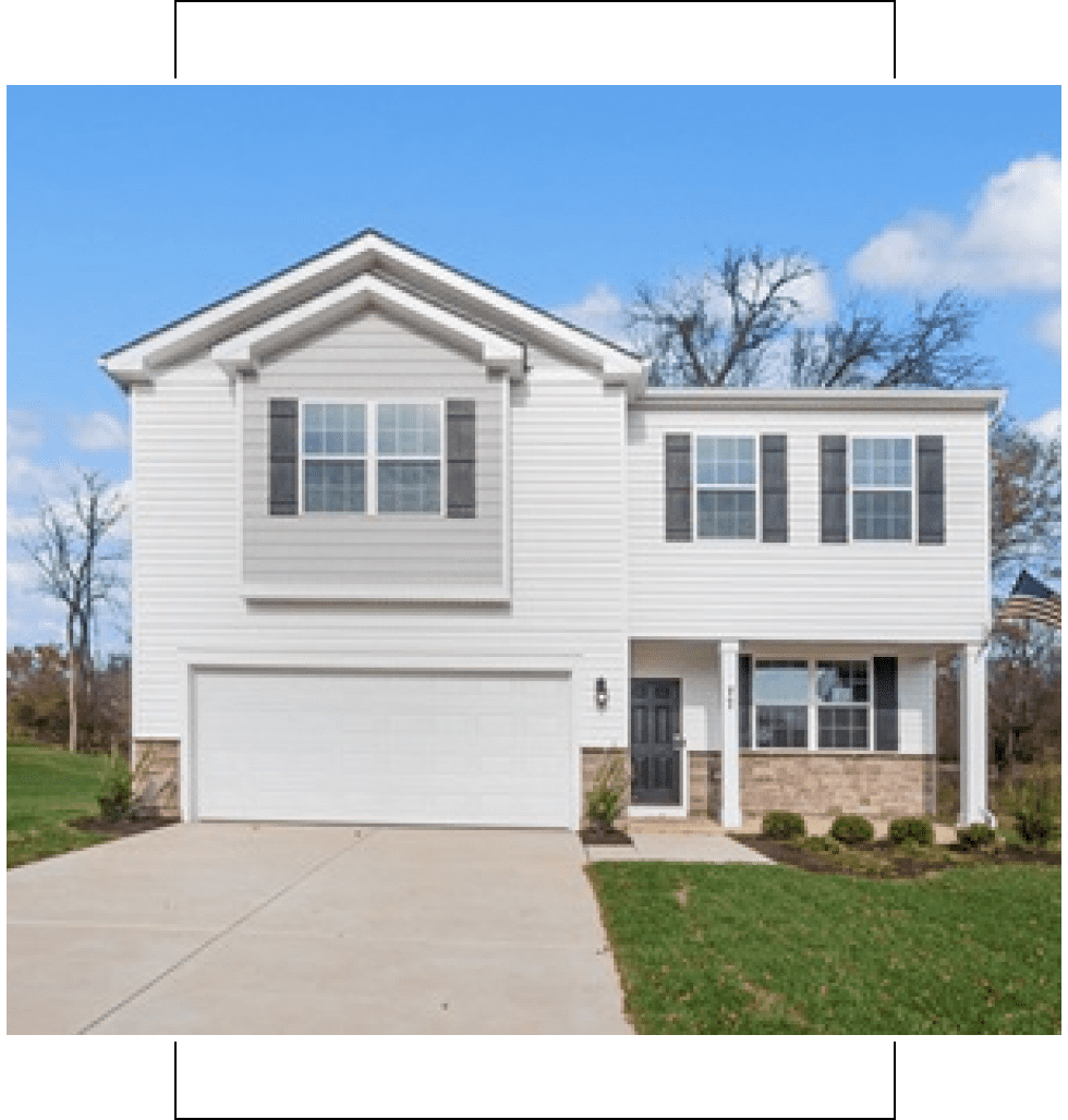 Modern two-story white house with a large driveway and well-kept lawn.