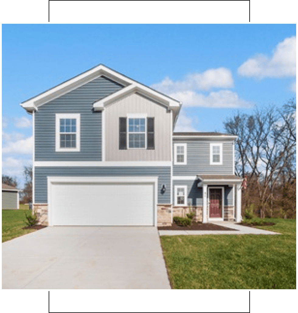 Modern two-story suburban house with gray siding and a two-car garage.